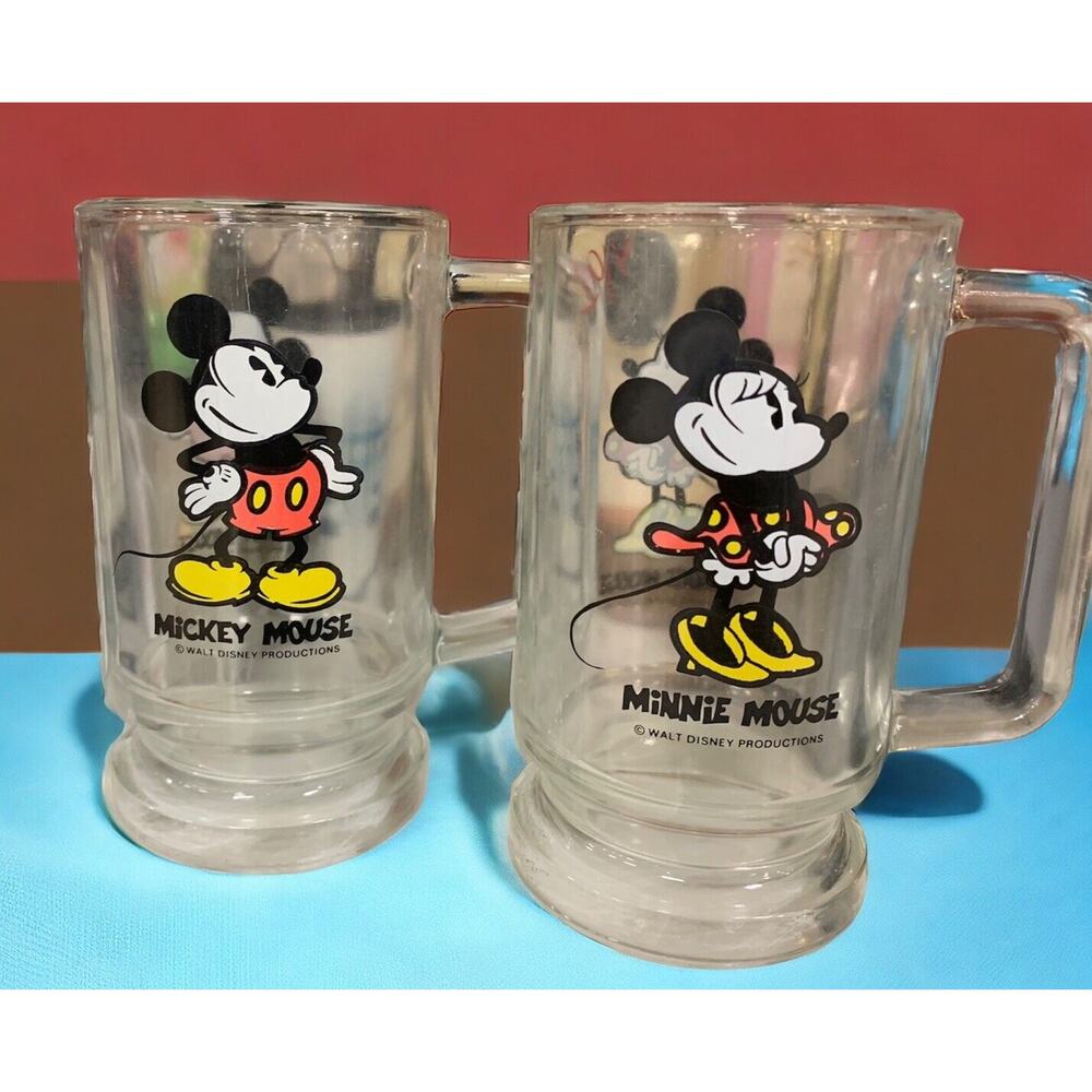 Vintage Walt Disney MICKEY & MINNIE MOUSE Clear Glass Beer Mugs with Handle